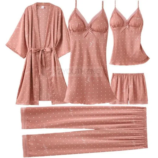 VenusFox Pajama Set Women Lace Trim Satin Sleepwear Pour Femme Summer Nightwear With Pants Casual Home Wear Kimono Robe Gown