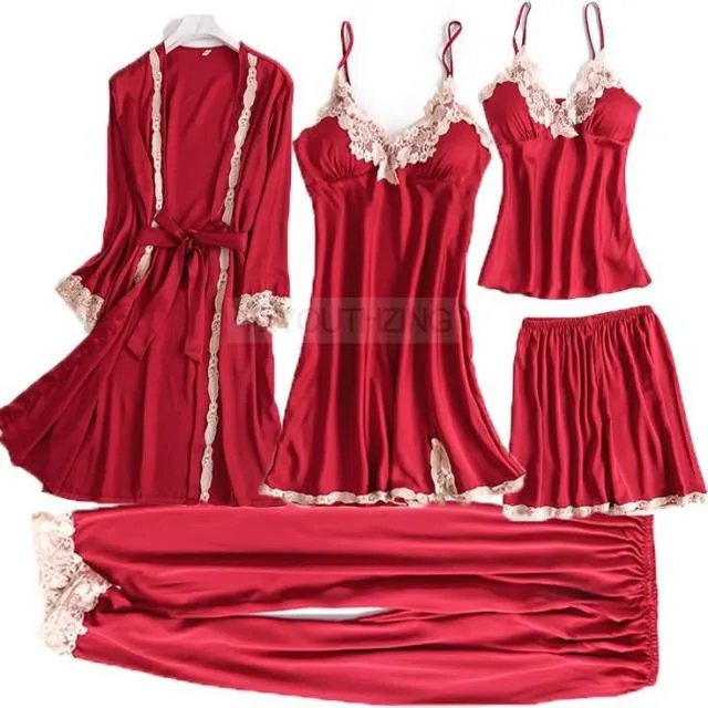 VenusFox Pajama Set Women Lace Trim Satin Sleepwear Pour Femme Summer Nightwear With Pants Casual Home Wear Kimono Robe Gown