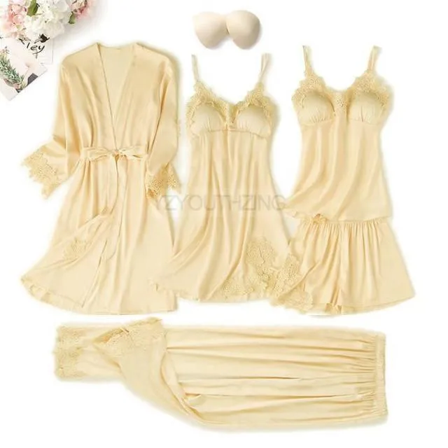 VenusFox Pajama Set Women Lace Trim Satin Sleepwear Pour Femme Summer Nightwear With Pants Casual Home Wear Kimono Robe Gown