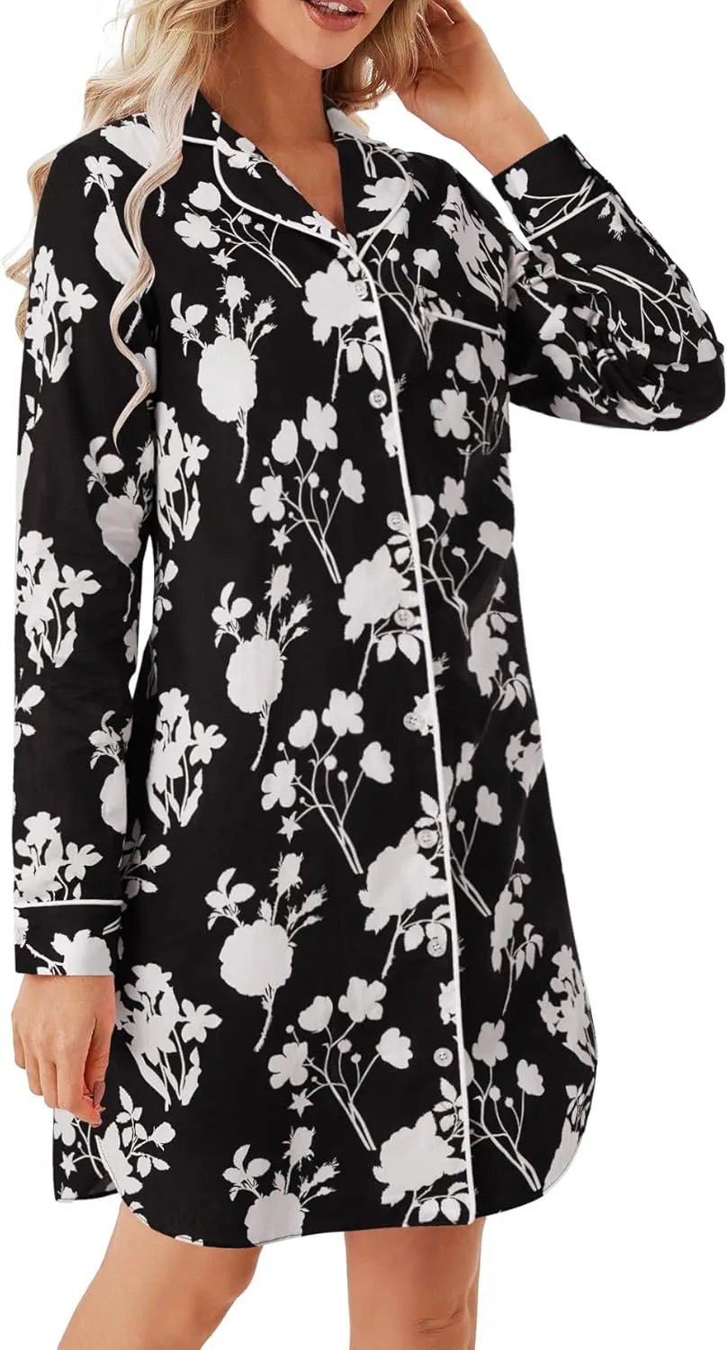 Vrtige Women's Cotton Striped Nightgown Collar V Neck Long Sleeve Button Down Nightwear Top Sleep Shirts Nightdress