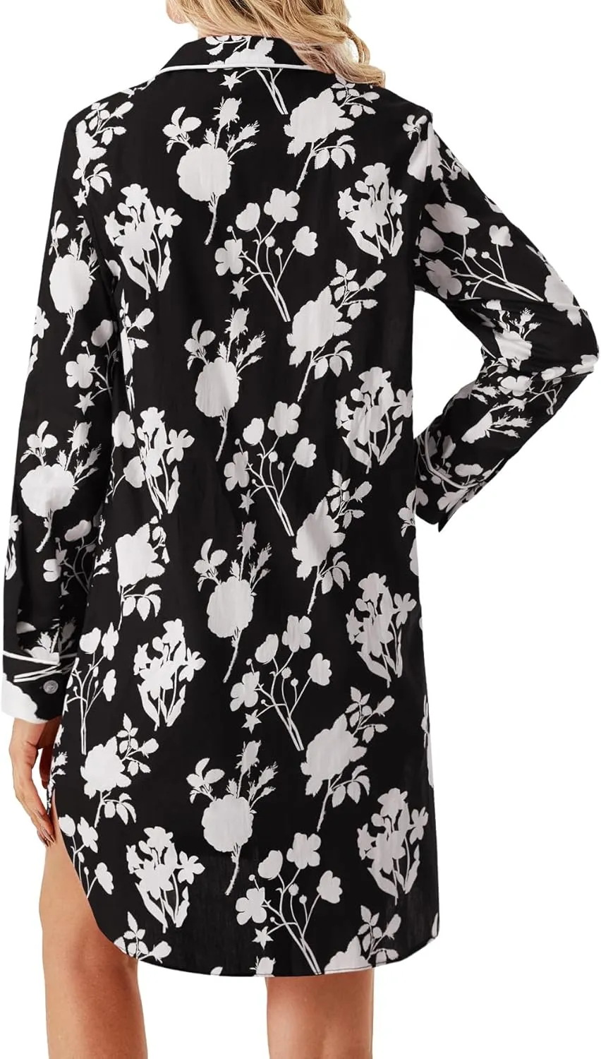 Vrtige Women's Cotton Striped Nightgown Collar V Neck Long Sleeve Button Down Nightwear Top Sleep Shirts Nightdress