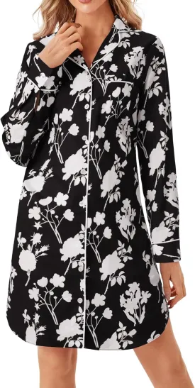 Vrtige Women's Cotton Striped Nightgown Collar V Neck Long Sleeve Button Down Nightwear Top Sleep Shirts Nightdress