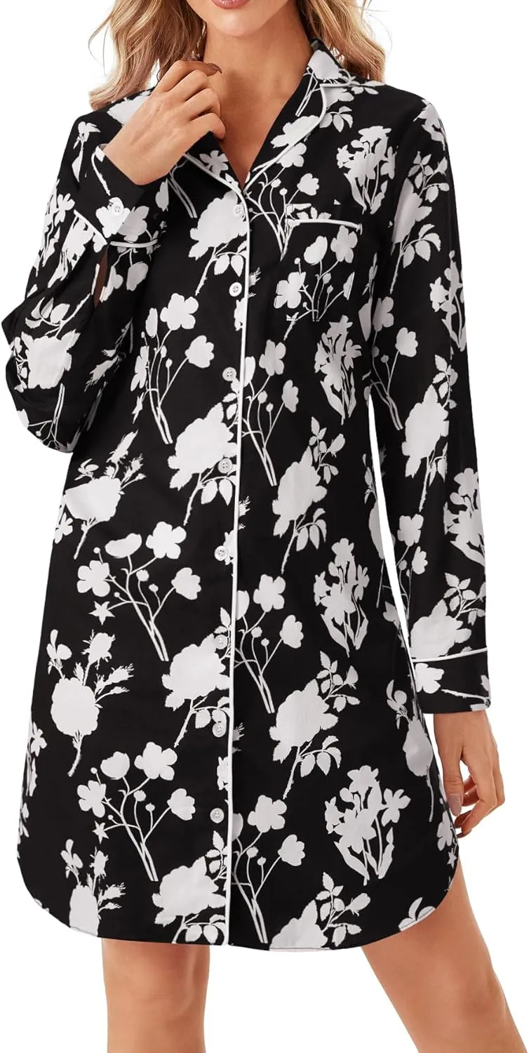 Vrtige Women's Cotton Striped Nightgown Collar V Neck Long Sleeve Button Down Nightwear Top Sleep Shirts Nightdress