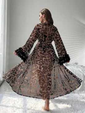 WDIRARA Women's Leopard Print Sheer Robe Belted Long Sleeve Long Lingerie Robe Kimono