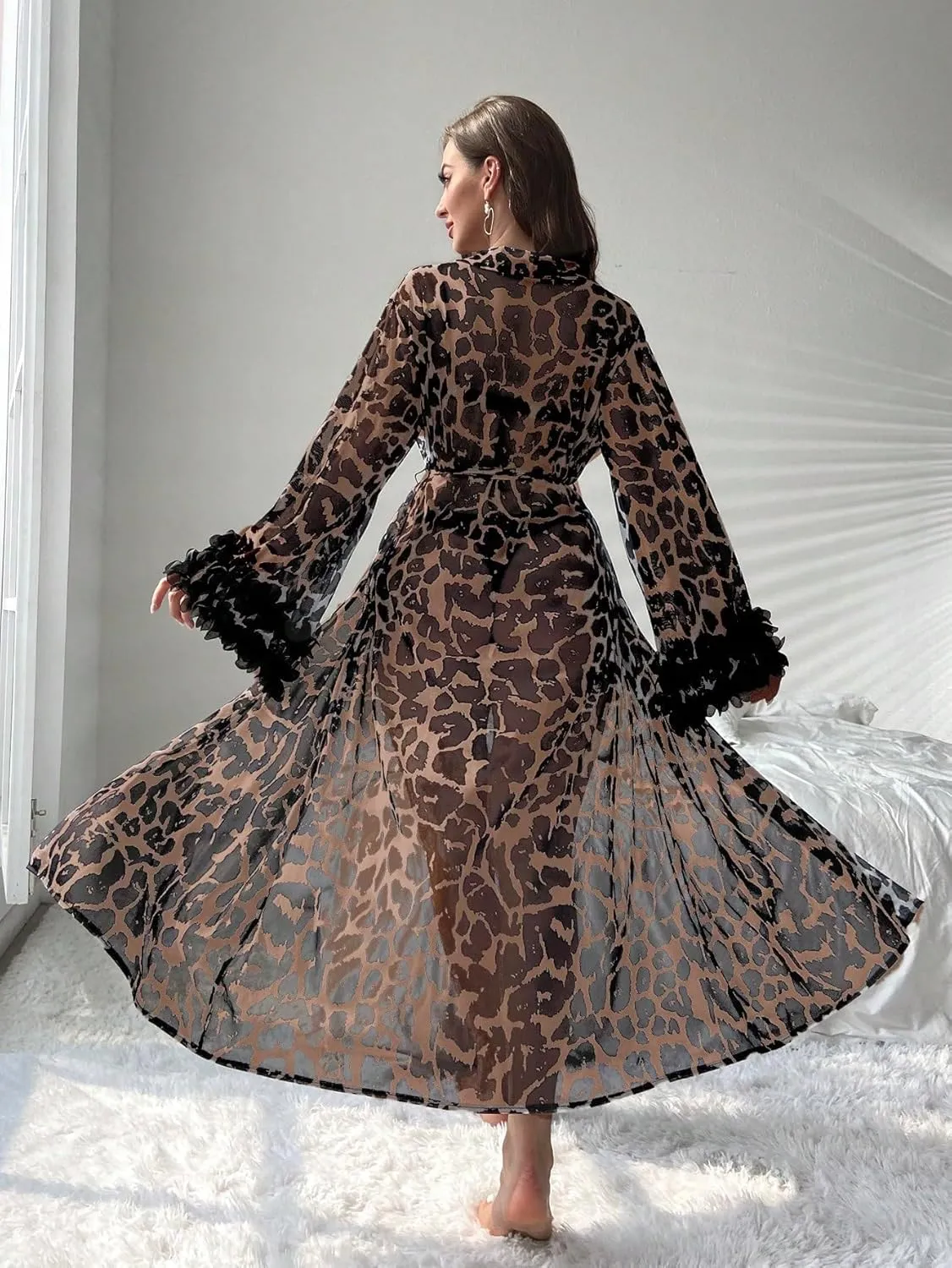WDIRARA Women's Leopard Print Sheer Robe Belted Long Sleeve Long Lingerie Robe Kimono