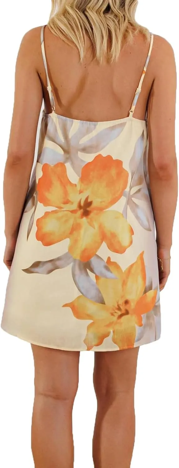 Women Floral Cami Mini Dress Boho Flowy Spaghetti Strap Vacation Short Dresses Y2k Loose Graphic Slip Sundress