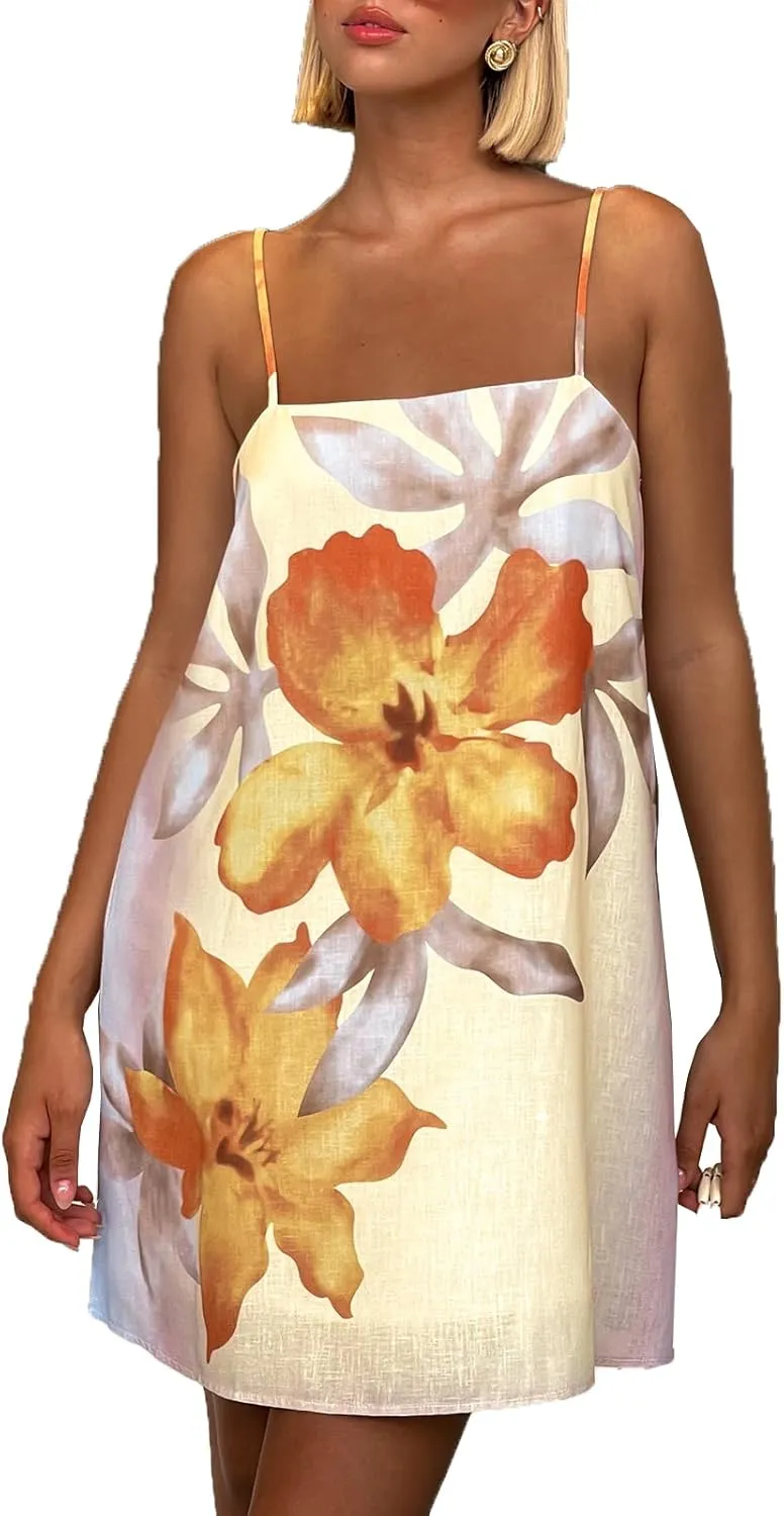 Women Floral Cami Mini Dress Boho Flowy Spaghetti Strap Vacation Short Dresses Y2k Loose Graphic Slip Sundress