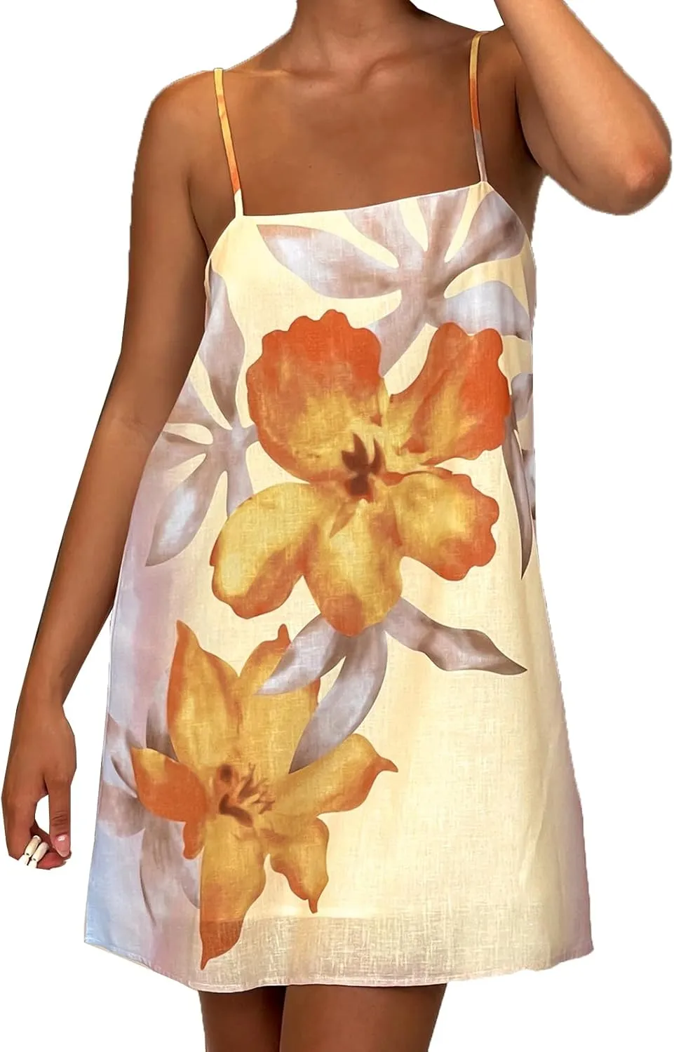 Women Floral Cami Mini Dress Boho Flowy Spaghetti Strap Vacation Short Dresses Y2k Loose Graphic Slip Sundress