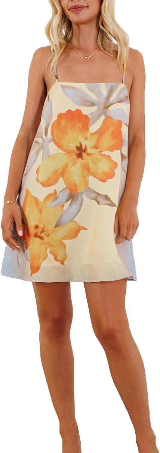 Women Floral Cami Mini Dress Boho Flowy Spaghetti Strap Vacation Short Dresses Y2k Loose Graphic Slip Sundress