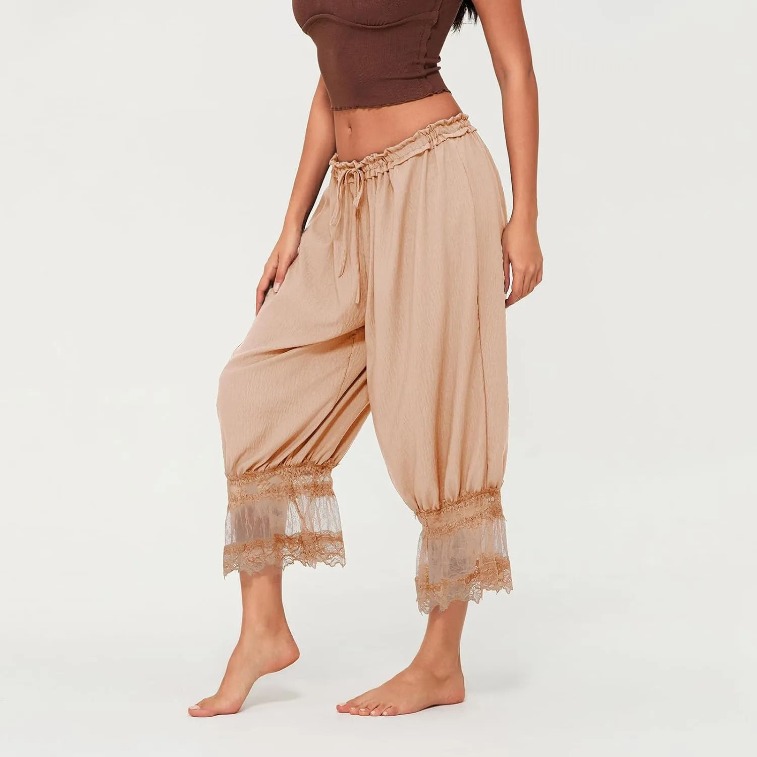 Women Lace Long Bloomers Pants Elastic Waist Y2k Ruffle Pettipants Slip Cute Pantaloons Pumpkin Pants