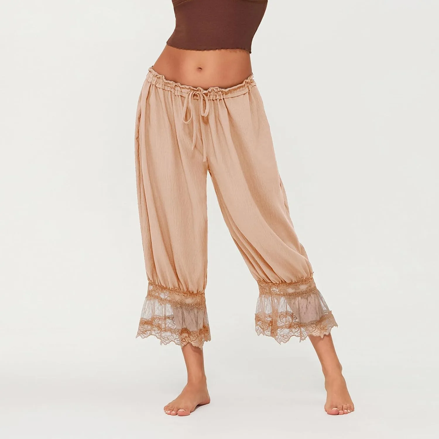 Women Lace Long Bloomers Pants Elastic Waist Y2k Ruffle Pettipants Slip Cute Pantaloons Pumpkin Pants