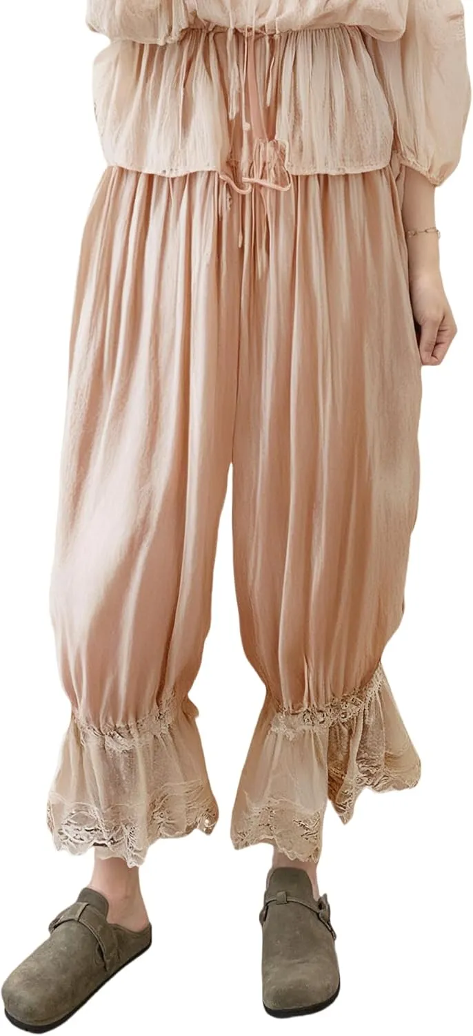 Women Lace Long Bloomers Pants Elastic Waist Y2k Ruffle Pettipants Slip Cute Pantaloons Pumpkin Pants