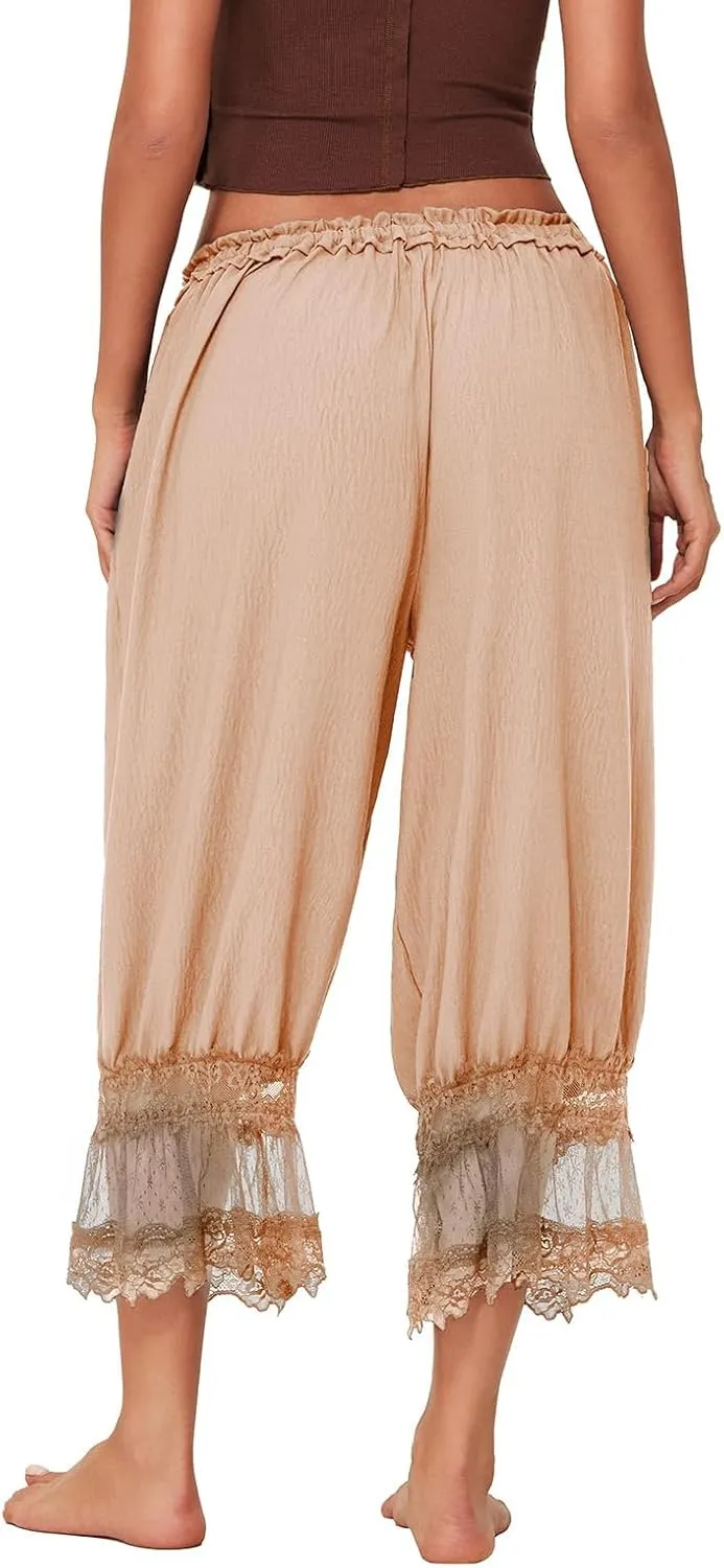 Women Lace Long Bloomers Pants Elastic Waist Y2k Ruffle Pettipants Slip Cute Pantaloons Pumpkin Pants