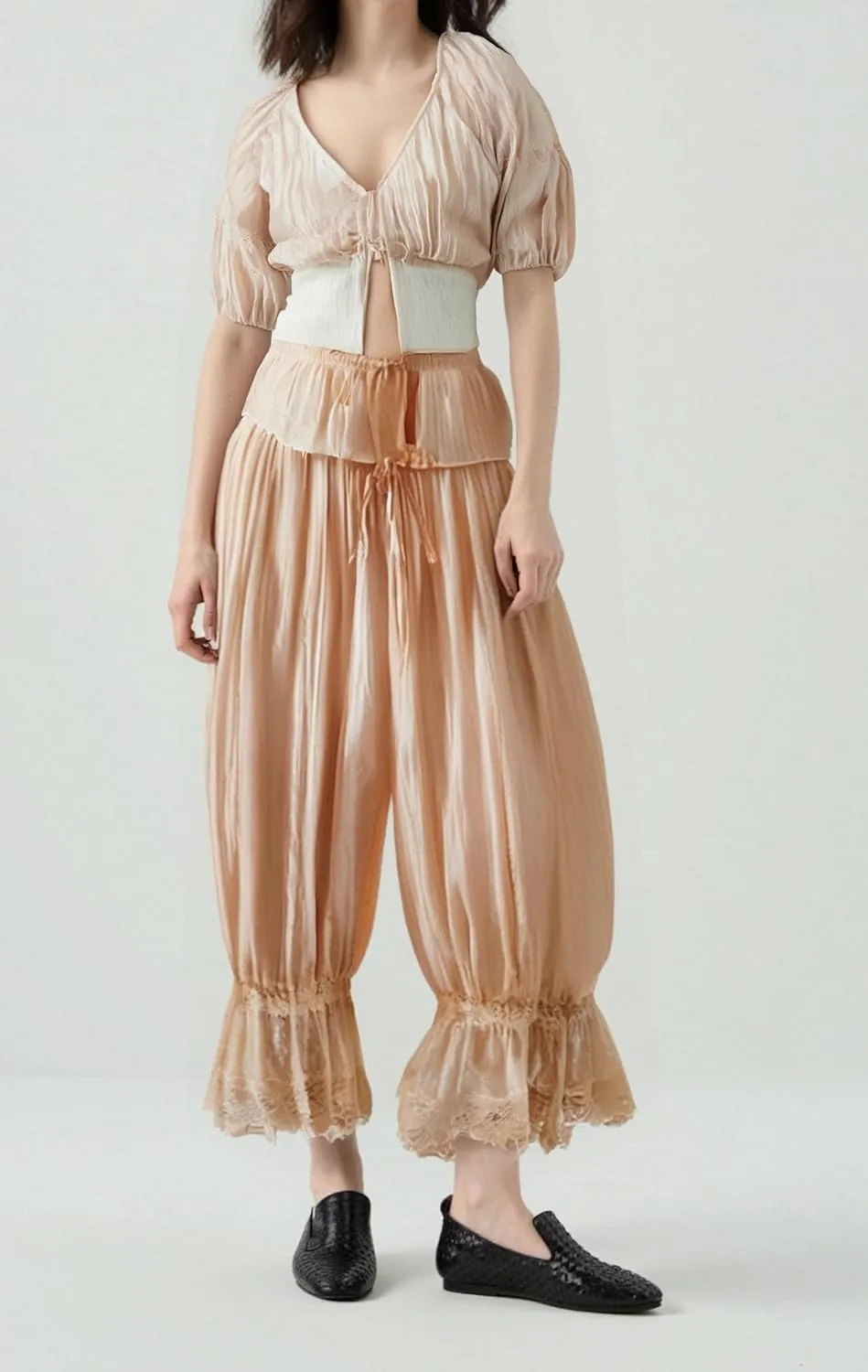 Women Lace Long Bloomers Pants Elastic Waist Y2k Ruffle Pettipants Slip Cute Pantaloons Pumpkin Pants