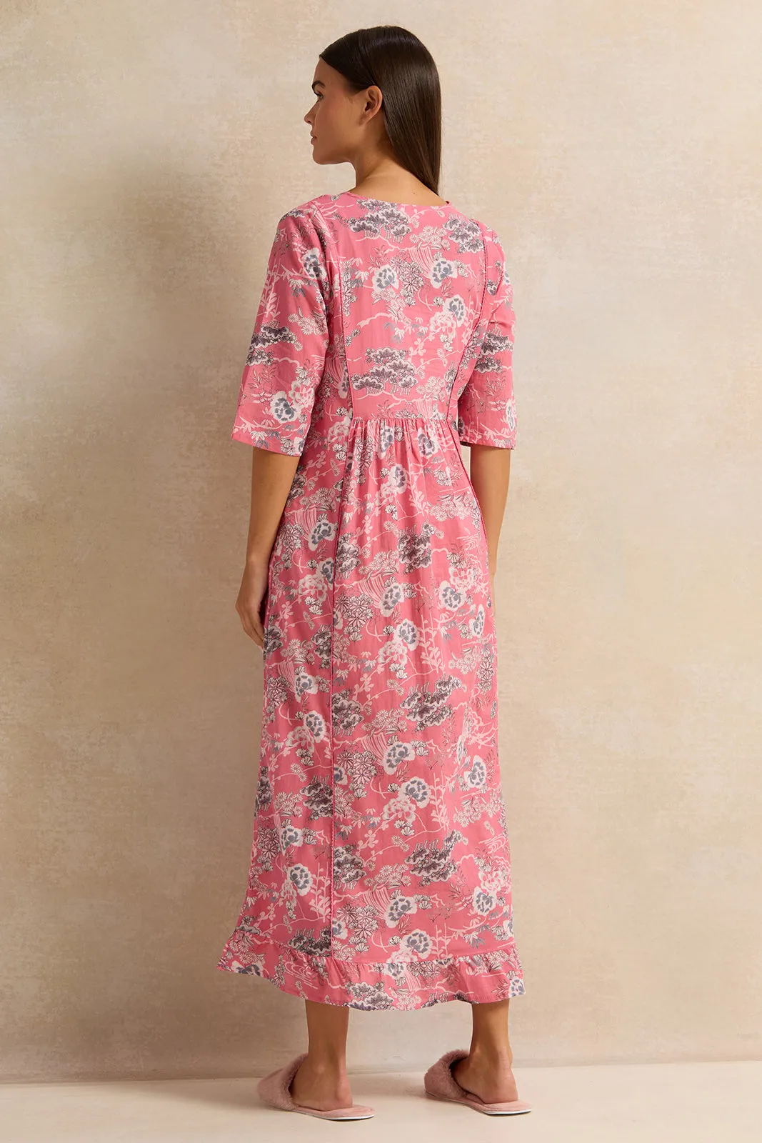 Women Pink Front Border Print Nightgown
