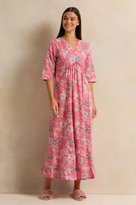 Women Pink Front Border Print Nightgown