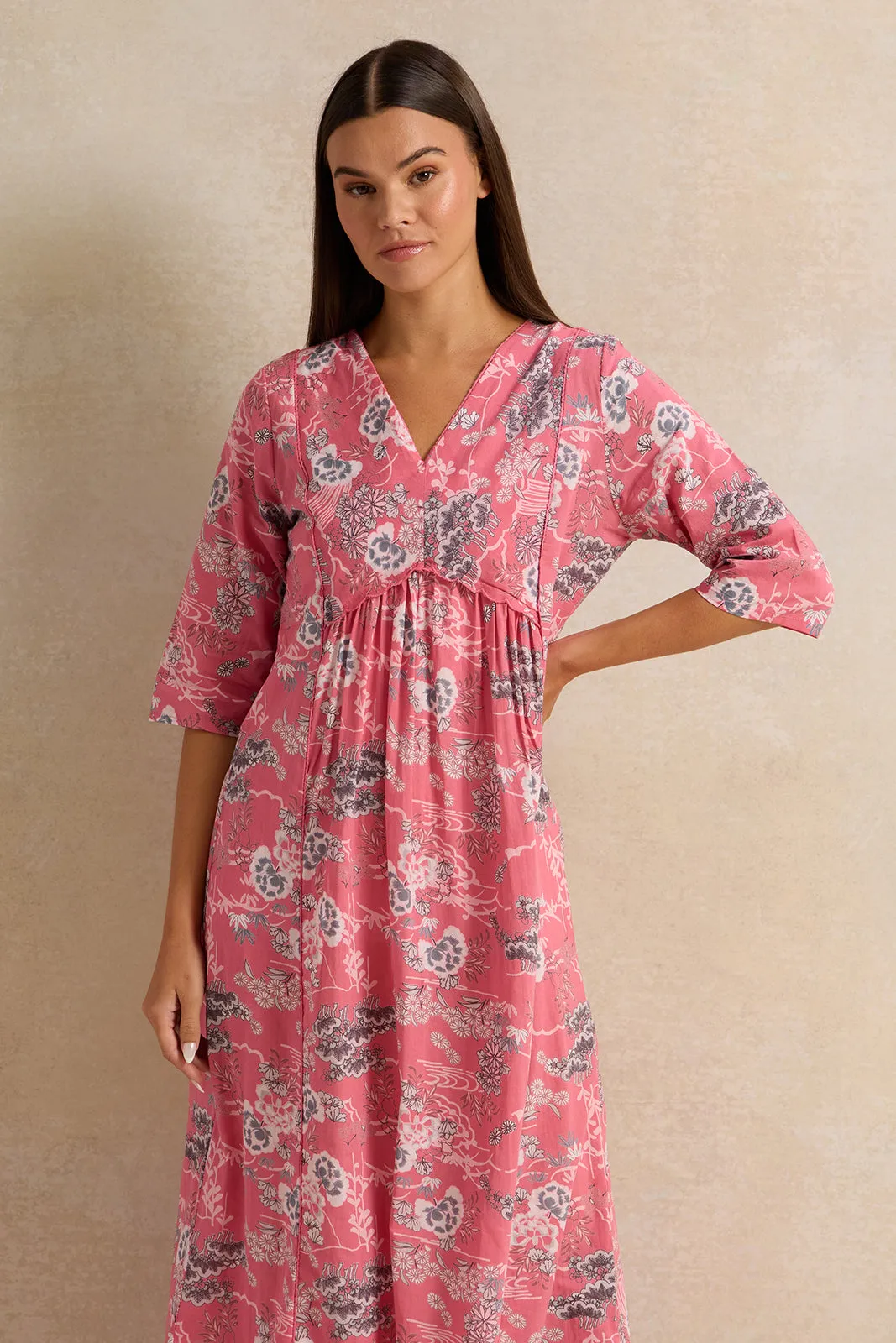 Women Pink Front Border Print Nightgown