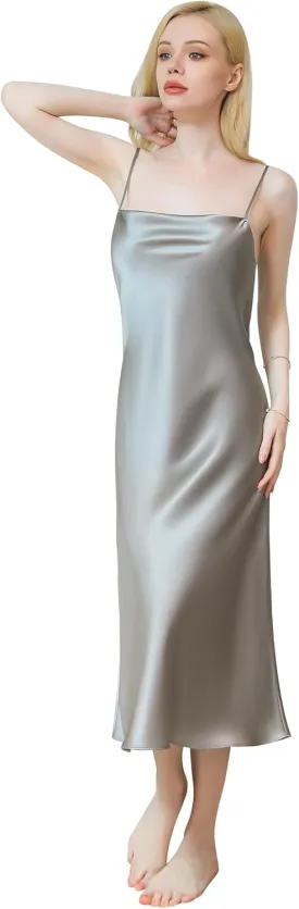 Womens 19 Momme Mulberry Silk Nightgown Cowl-neck Chemise Midi Sleepwear Spaghetti-strap Nightdress Slip Dress