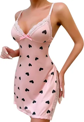 Womens Nightgown Sexy Lingerie Modal Sleepwear Lace Nighty Side Slit Sleep Dress Lace Chemise (Heart Print,XL)