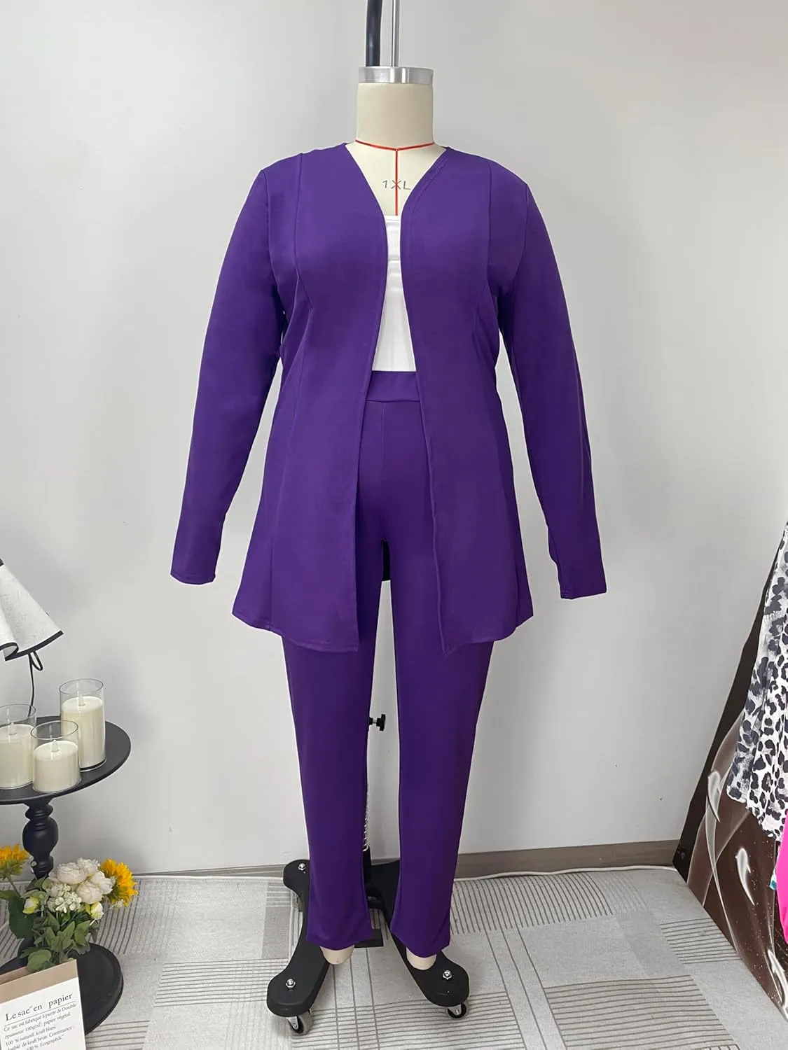 Women's Plus Size 2 Piece Outfits Open Front Blazer and High Waisted Long Pant Suit Set Business Loungewear