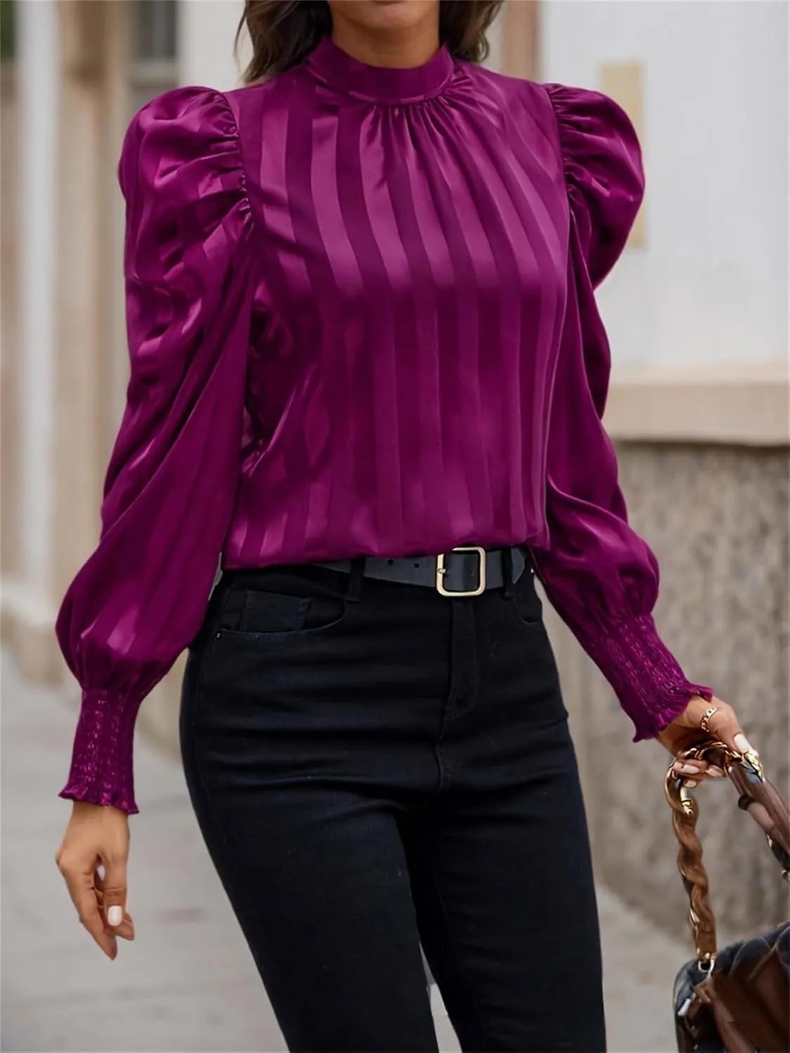 Womens Satin Striped Puff Sleeve Pleated Shirts Mock Neck Long Sleeve Solid Business Casual Work Blouse Tops