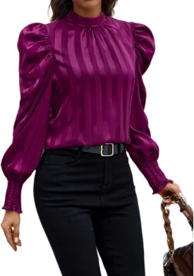 Womens Satin Striped Puff Sleeve Pleated Shirts Mock Neck Long Sleeve Solid Business Casual Work Blouse Tops