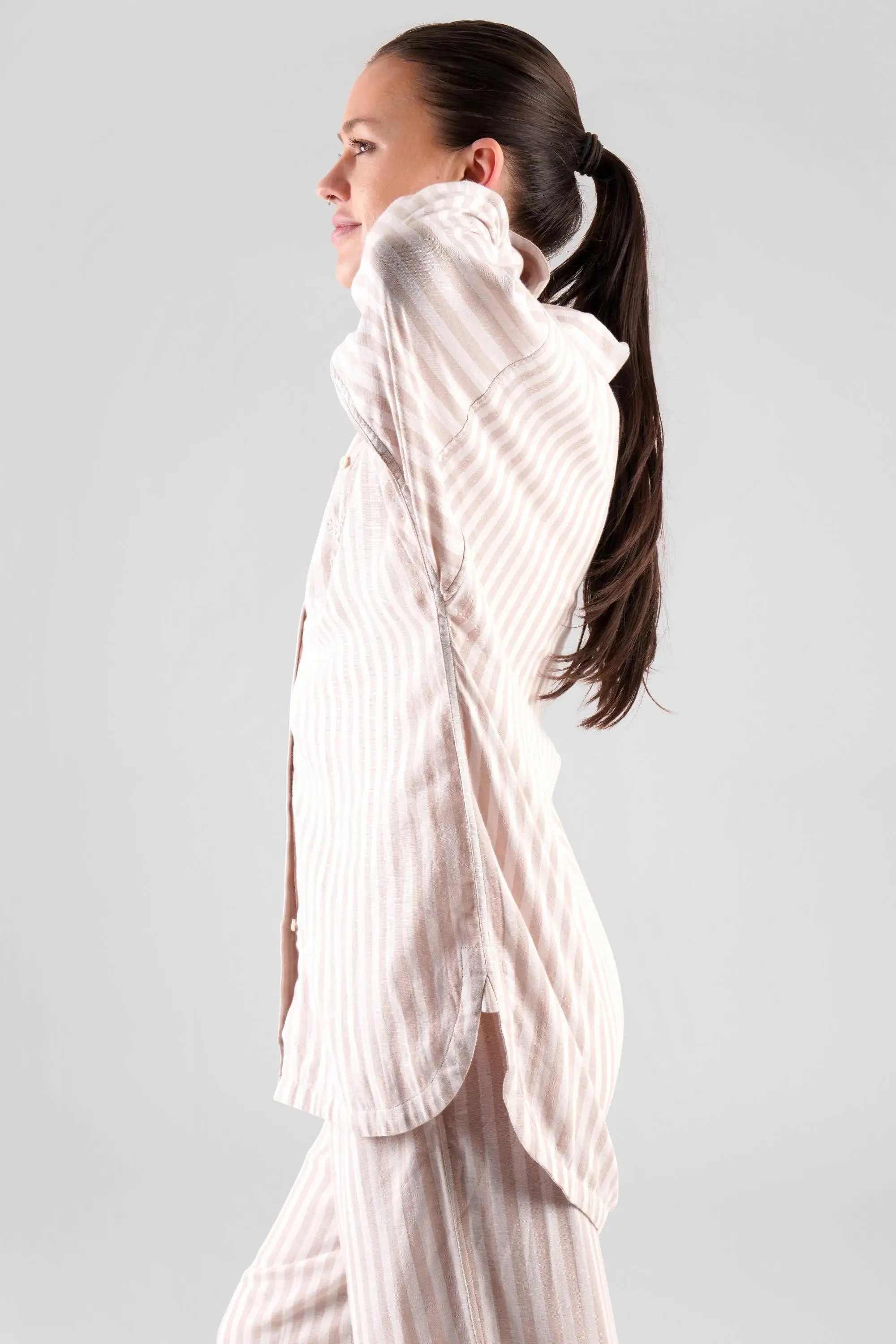 Yew Striped Ethical-Cotton Pyjama Shirt - Golden Glow Beige