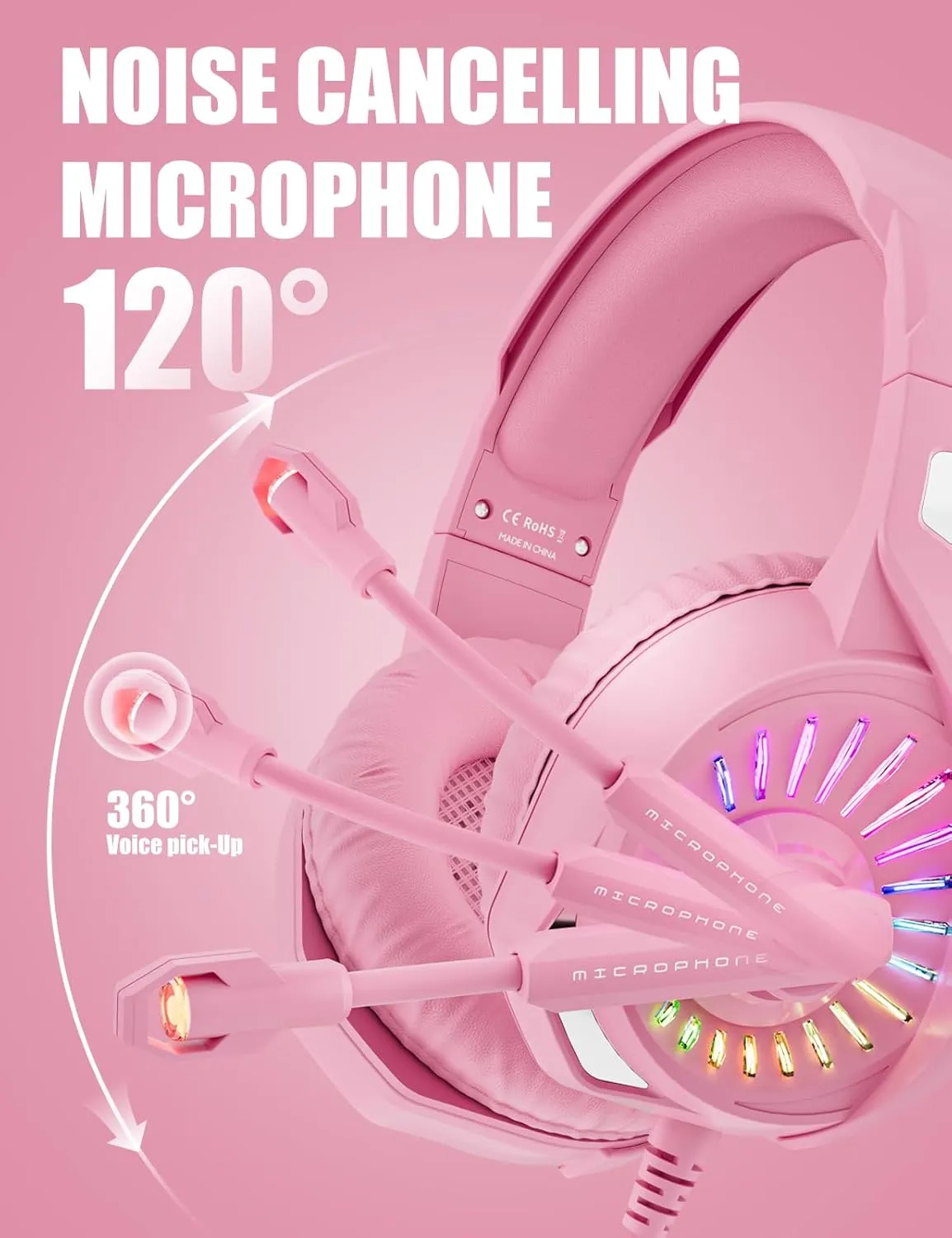 ZIUMIER Z20 Pink Gaming Headset with Microphone, Compatible with PS4 PS5 Xbox One PC Laptop, Over-Ear Headphones with LED RGB Light, Noise Canceling Mic, Stereo Surround Sound (Pink)