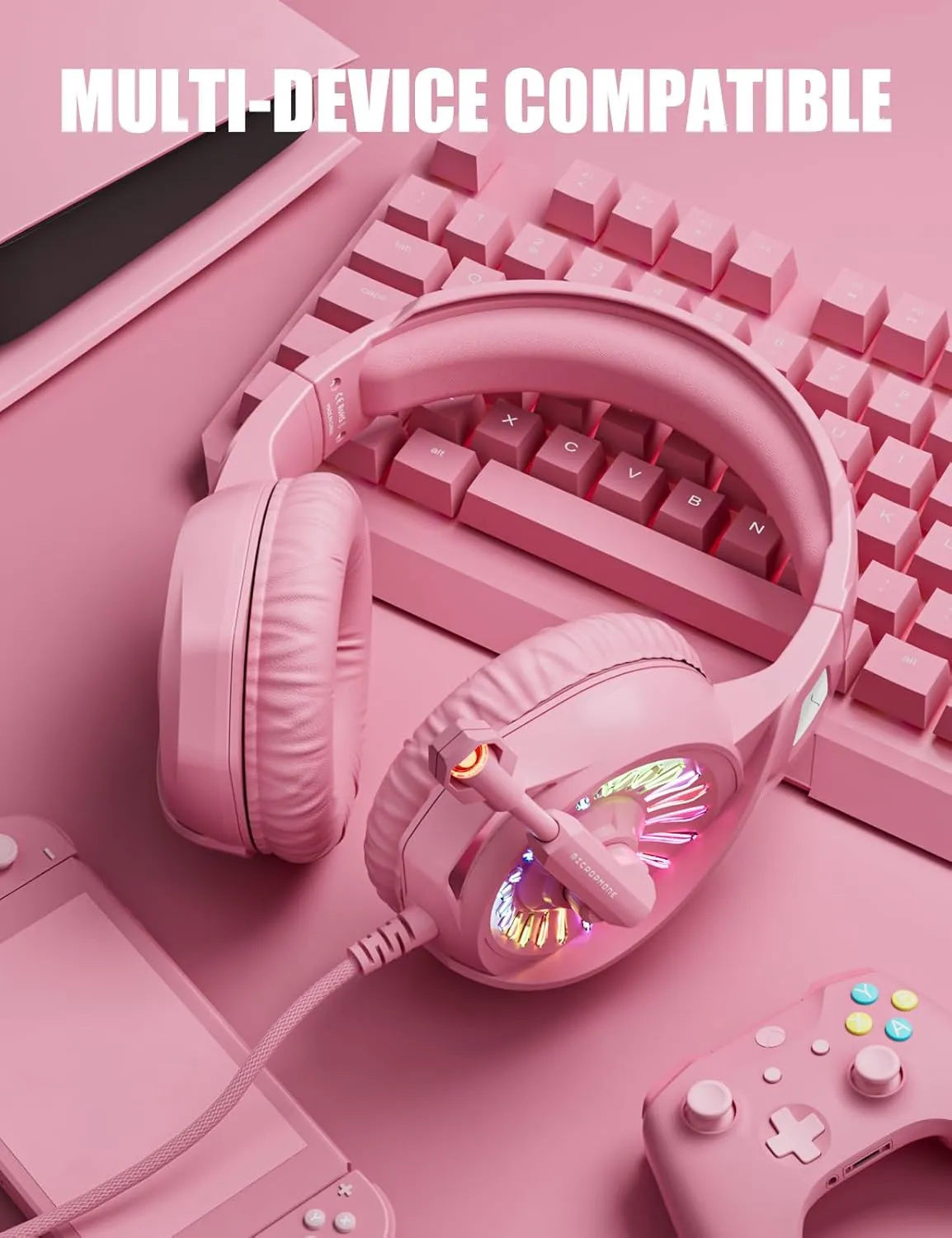 ZIUMIER Z20 Pink Gaming Headset with Microphone, Compatible with PS4 PS5 Xbox One PC Laptop, Over-Ear Headphones with LED RGB Light, Noise Canceling Mic, Stereo Surround Sound (Pink)