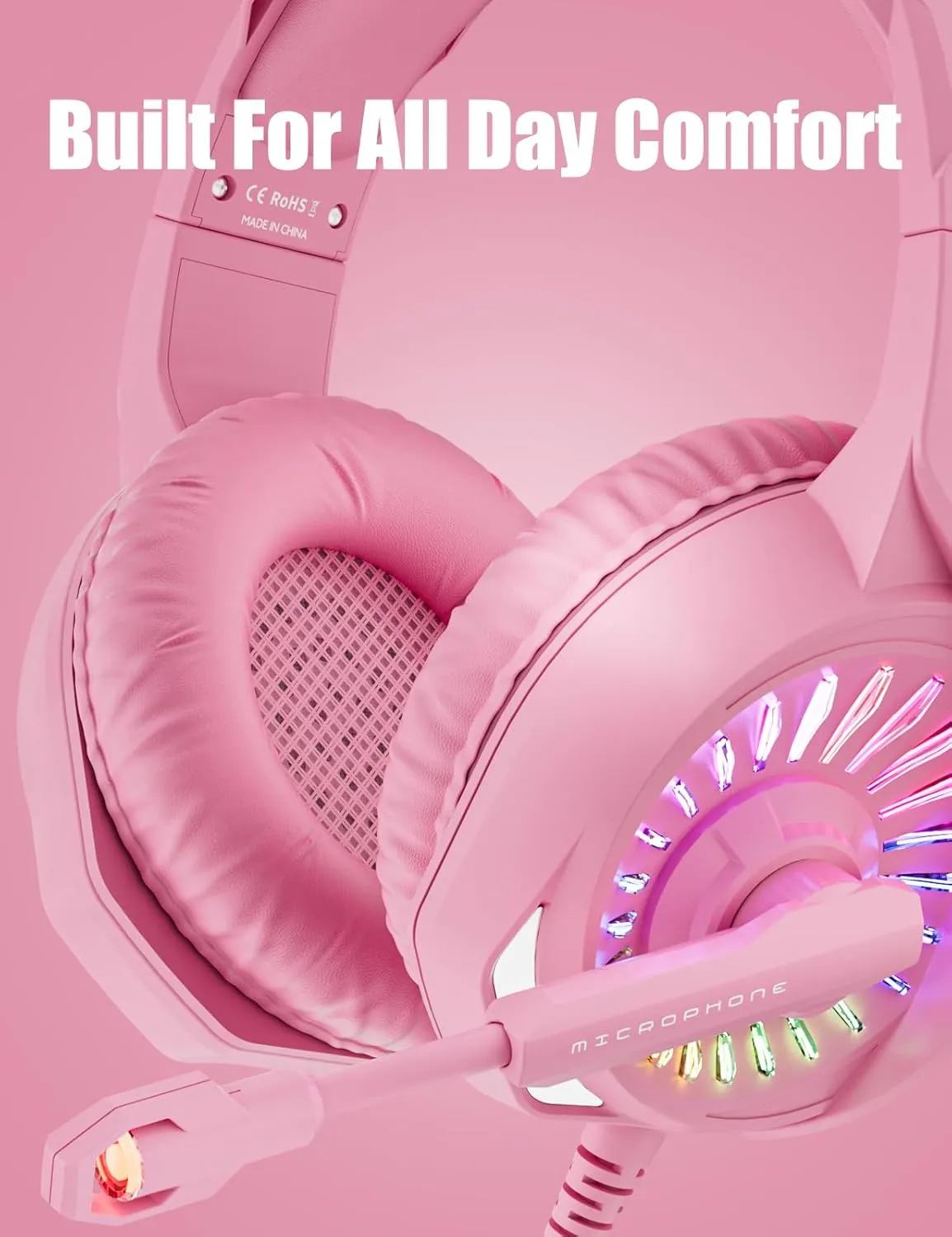 ZIUMIER Z20 Pink Gaming Headset with Microphone, Compatible with PS4 PS5 Xbox One PC Laptop, Over-Ear Headphones with LED RGB Light, Noise Canceling Mic, Stereo Surround Sound (Pink)